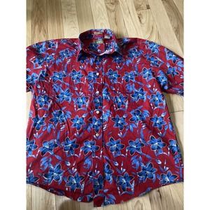 Natural Issue Royal Blue And Red Floral Short Sleeves Button Down Sz M